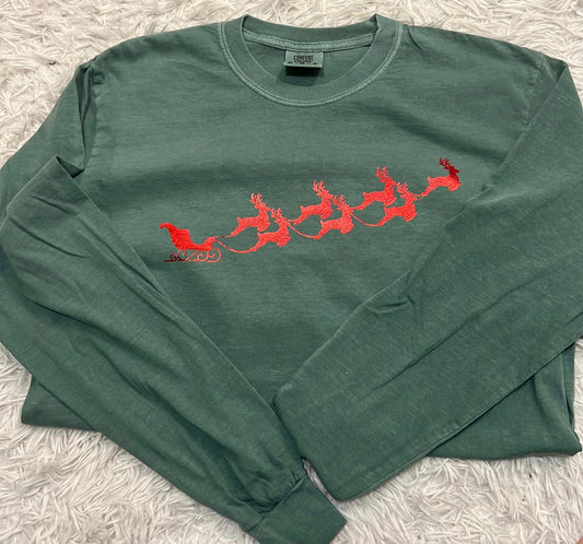 Reindeer and Santa Comfort Color Long Sleeve Tee